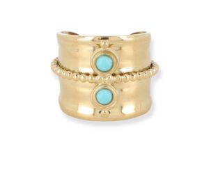 Découvrez la bague ajustable howlite bleue en acier doré.