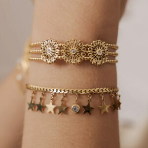 Découvrez notre bracelet jonc motifs rosaces ajourées en acier doré