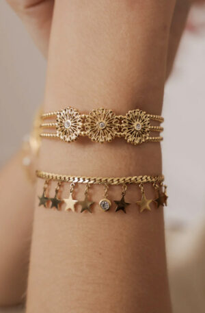 Découvrez notre bracelet jonc motifs rosaces ajourées en acier doré