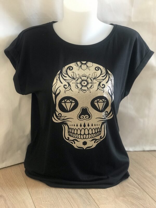 Découvrez notre t-shirt tête de mort pailletée dorée pour femme