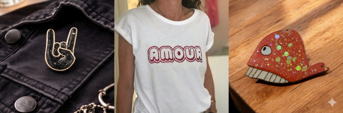 Atelier créatif à Clisson, L’Inattendue imagine et réalise des t-shirts personnalisés, des broches artisanales et des créations en petites séries.