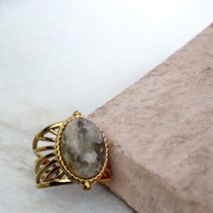 Bague Jaspe Gris Dorée Ajustable