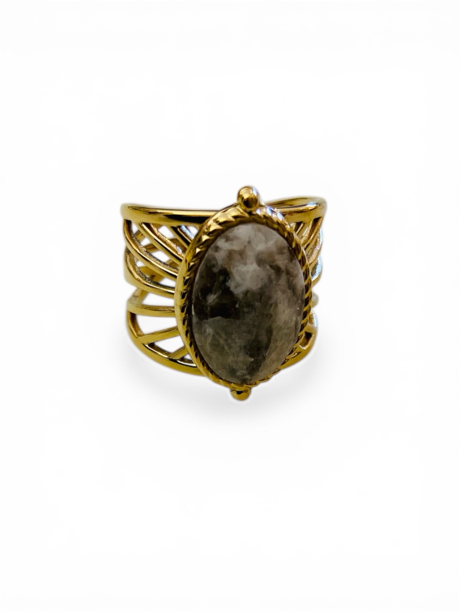 Bague Jaspe Gris Dorée Ajustable – Image 4