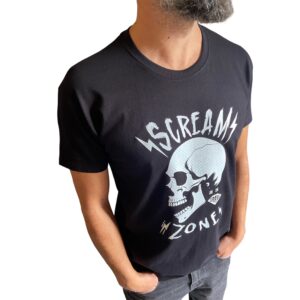 T-shirt noir unisexe avec un crâne punk mohawk et l'inscription Scream Zone. Design exclusif L'Inattendue Clisson, pressé DTF résistant.