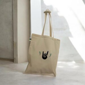 Tote bag Hell YEah coton bio floqué main : main rock pailletée noir & éclairs vert menthe. Pièce limitée Collection 40°, fabriquée à L'atelier. Stock réduit !