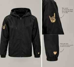 Coupe-vent personnalisé Hellyeah noir, sa main dorée et son coeur thermocollé en pailleté doré.