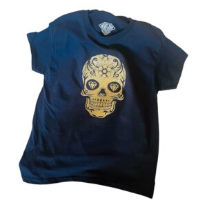 T-shirt enfant tête de mort pailletée dorée, taille 7-8 ans Celui-là, on ne l'avait pas prévu.