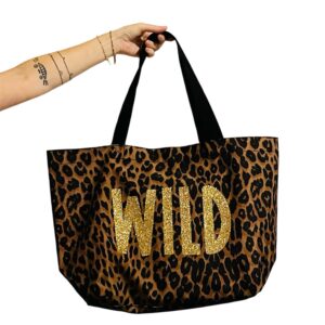 Grand sac léopard Réversible Cœur et WILD en pailleté doré