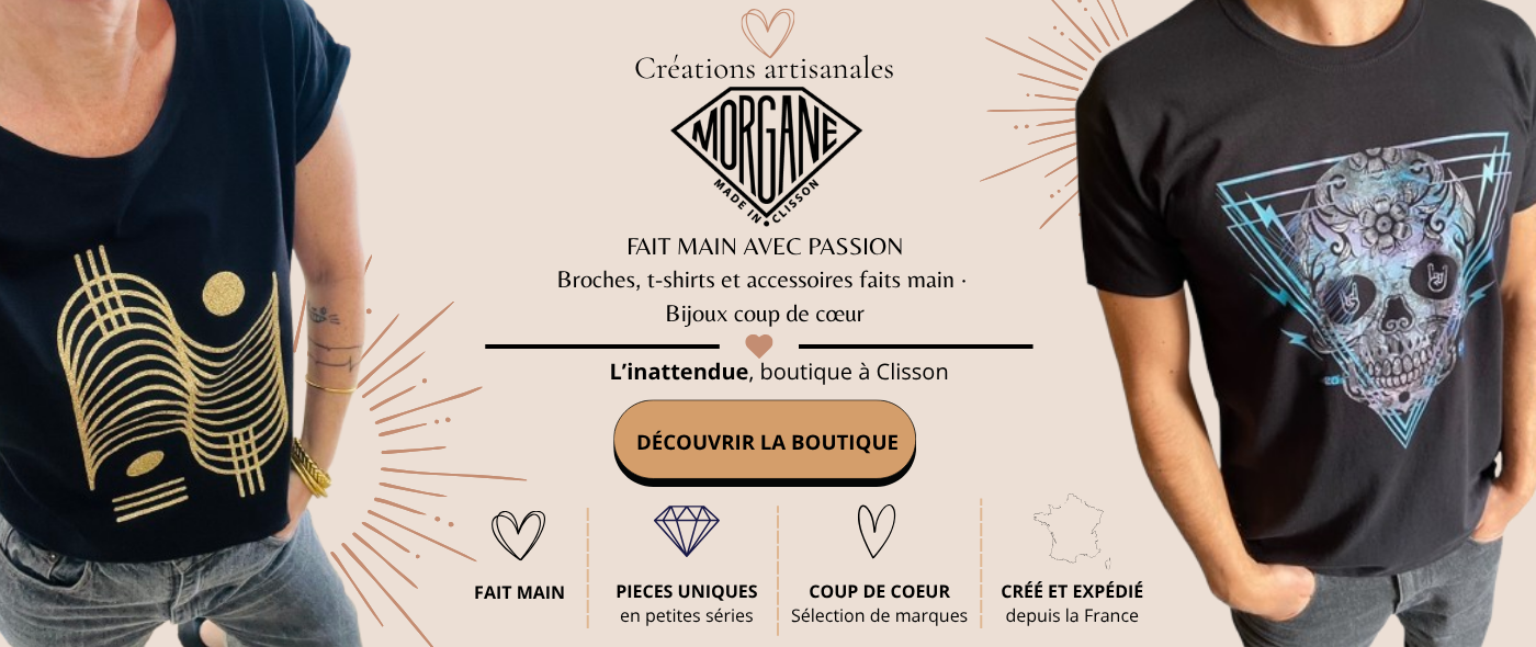 banniere-eshop-linattendue-clisson-conceptstore-personnalisation Bannière de la boutique L'inattendue à Clisson présentant deux t-shirts artisanaux faits main : l'un noir avec motifs géométriques dorés, l'autre noir avec une tête de mort illustrée.